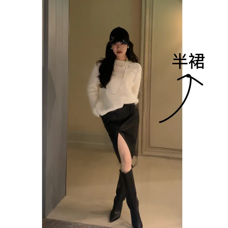 N.COU妮蔻25冬新款时髦大气黑色百搭开叉口袋皮裙半身裙女DY22150