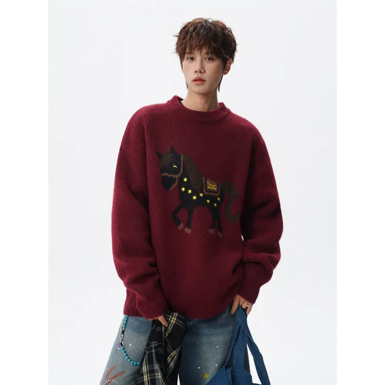 cleanfi红色毛衣男女款秋季高级感圆领内搭卫衣宽松针织上衣