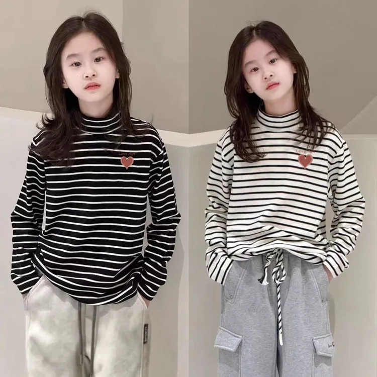 女童条纹打底衫秋冬新款韩版中大童半高领内搭德绒保暖加绒上衣潮