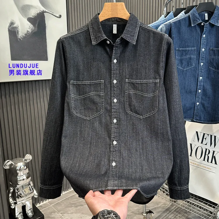 LUNDUJUE/伦都爵秋季新款辑明线口袋牛仔长袖宽松衬衫男士衬衣潮