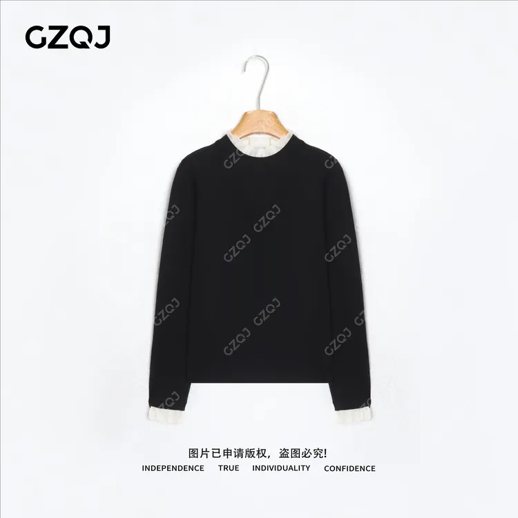 老琴私服【秘密花园】法式甜美拼色圆领加绒加厚长袖上衣女冬款7990