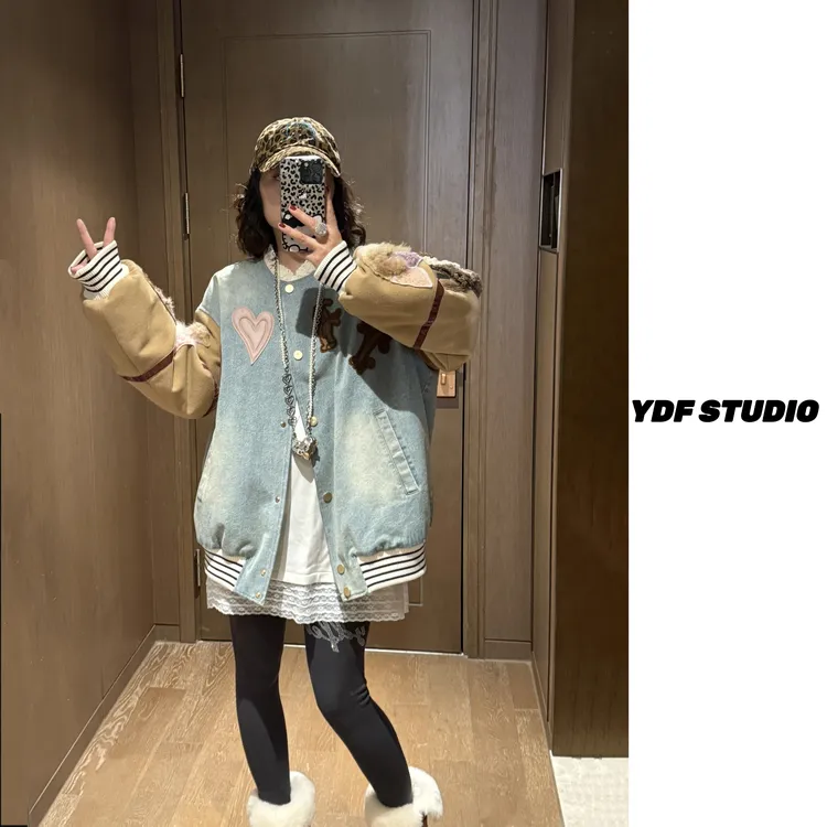 YDFSTUDIO小众【学院少女】欧货高品重工贴布绣拼接牛仔羽绒棒球服