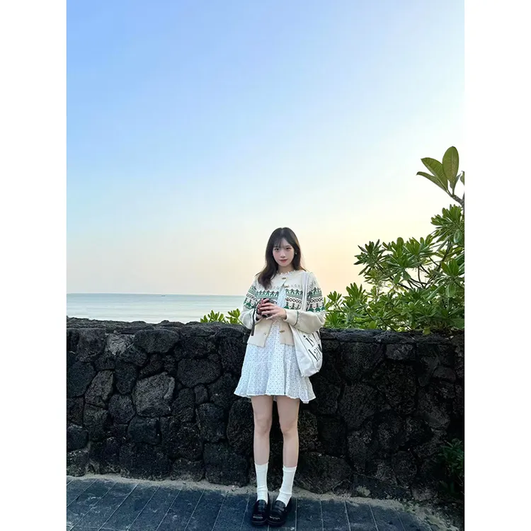 2025春季新款软糯慵懒风牛角扣针织外套短上衣女设计感波点连衣裙