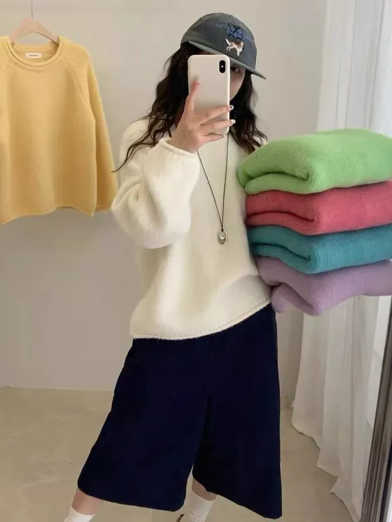 【600克】慵懒风奶软糯套头毛衣女秋冬加厚宽松圆领针织衫上衣