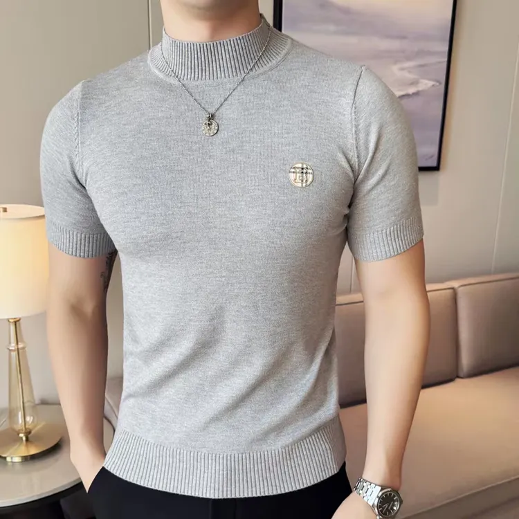 新款短袖男士时尚半高领毛衣修身纯色打底t恤半袖时尚针织衫上衣