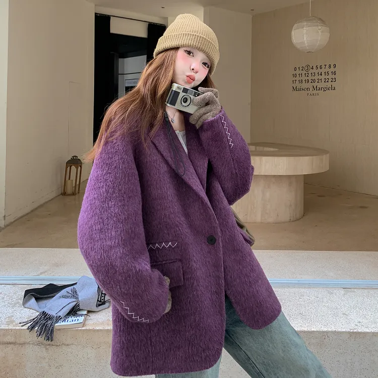 紫色西装式双面呢羊毛外套女秋冬2025新款长毛呢大衣西服高级感
