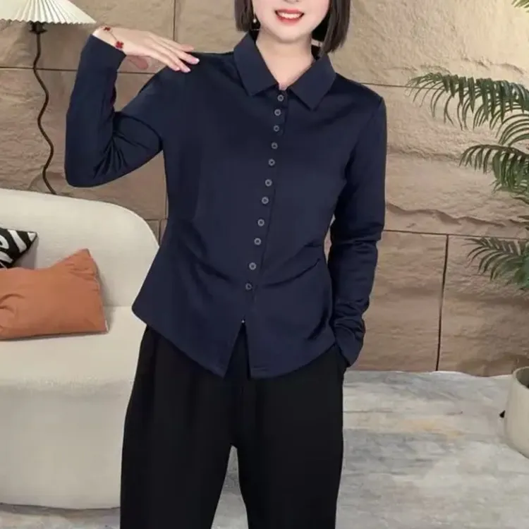 2025新开衫6扣眼秋装简约纯色收腰衬衫扣女气质百搭打底上衣衬衣