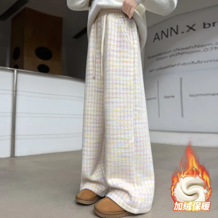 女童加绒加厚糯米裤秋冬2025新款儿童千鸟格弯刀裤女孩大童冬裤子