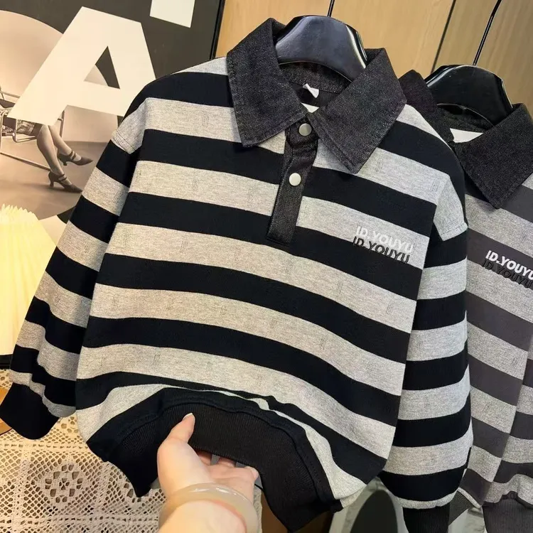 条纹牛仔POLO领卫衣~2025男童时髦复古风条纹卫衣S10296