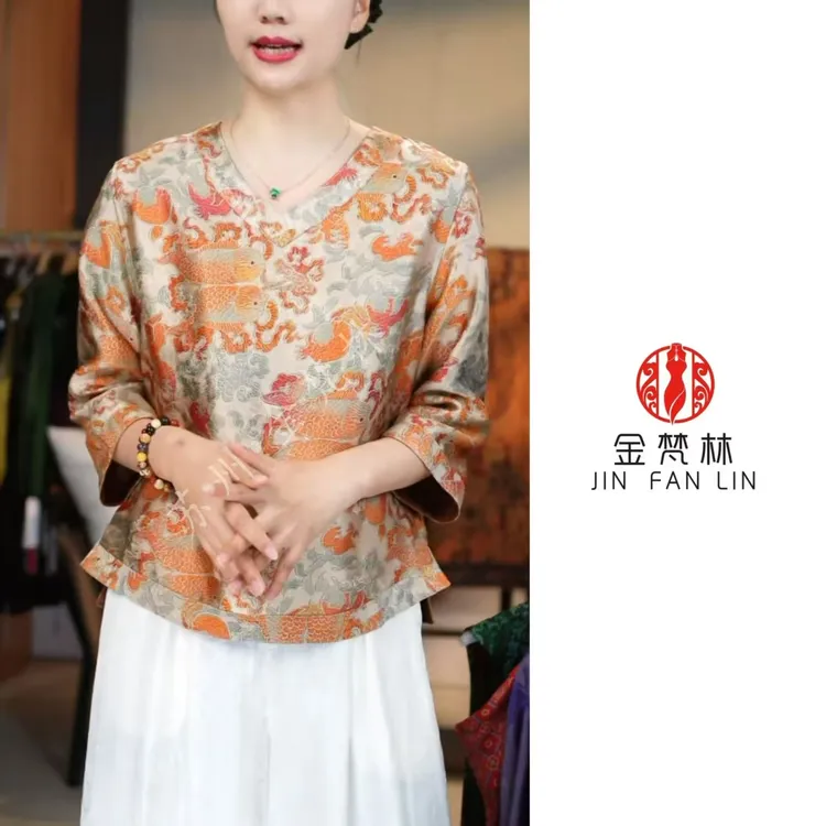 【锦绣山河】新中式中国风重缎老料V领七分袖不规则双鱼上衣1672