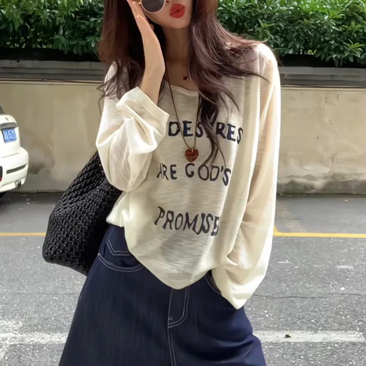 设计感字母印花长袖针织衫女2025年夏季新款薄款休闲防晒罩衫上衣