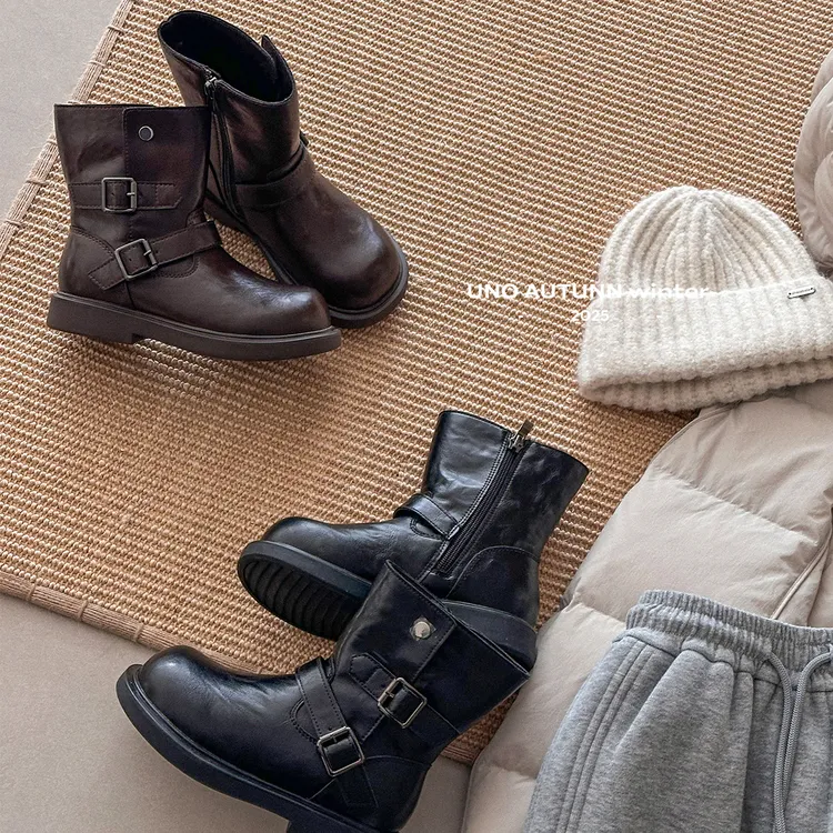 「UNO AUTUNNO」女中大童皮带扣西部靴保暖棉鞋皮靴加厚靴子3201