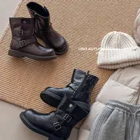 「UNO AUTUNNO」女中大童皮带扣西部靴保暖棉鞋皮靴加厚靴子3201