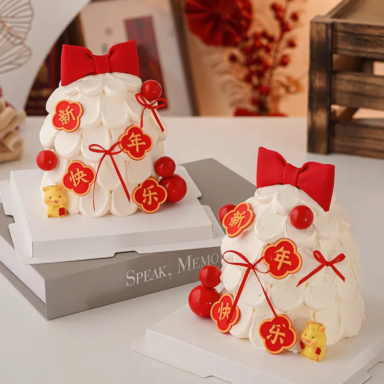 2026新年快乐蛋糕装饰品红色蝴蝶结许愿树可爱马宝宝节日派对插件