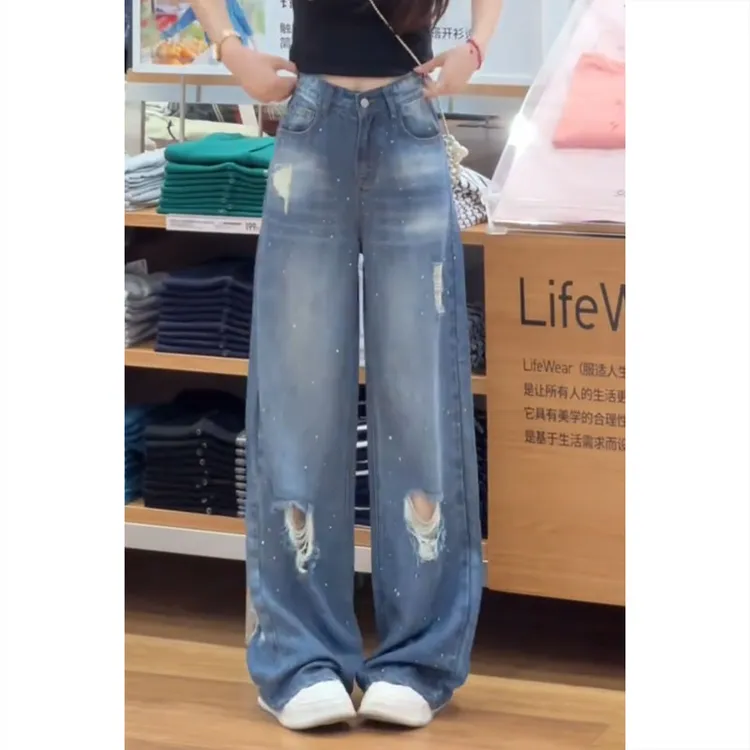 艾塔莉设计感美式牛仔裤女夏季新款宽松遮肉破洞阔腿裤时尚弯刀裤