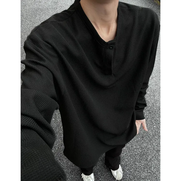 黑色亨利衫重磅内搭长袖T恤男生春秋季cleanfit美式潮牌百搭上衣