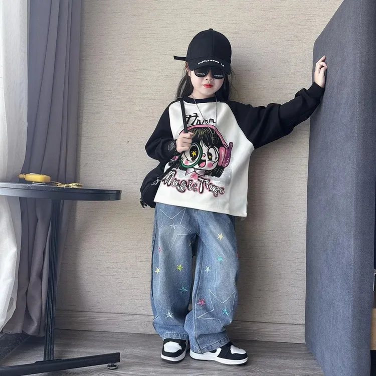 女童秋季韩版宽松插肩袖卡通卫衣中大童绣花牛仔阔腿裤直筒裤潮