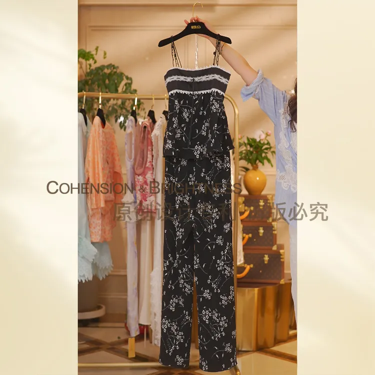 凝慧真的好【墨色逸韵】夏季清冷贵气印花吊带背心阔腿裤套装TR326