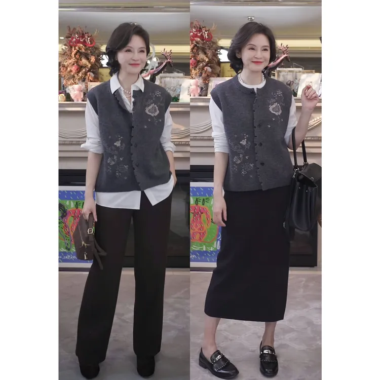 我是摩羯 女王灰马甲 100绵羊毛3W针绣花毛边流苏钉珠秋冬开衫