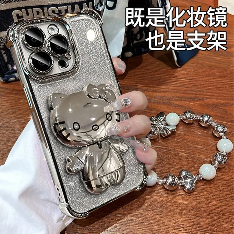 简约KT猫镜子支架适用苹果17电镀防摔手机壳创意华为oppovivo小米