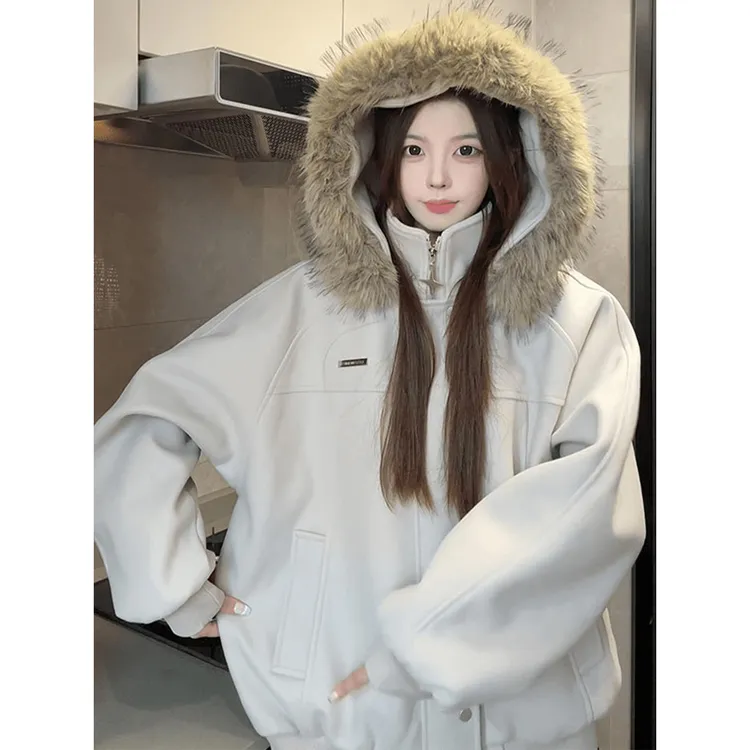 复古座山雕毛茸茸连帽棉服男女休闲毛呢拼接冬棉衣情侣款夹克外套