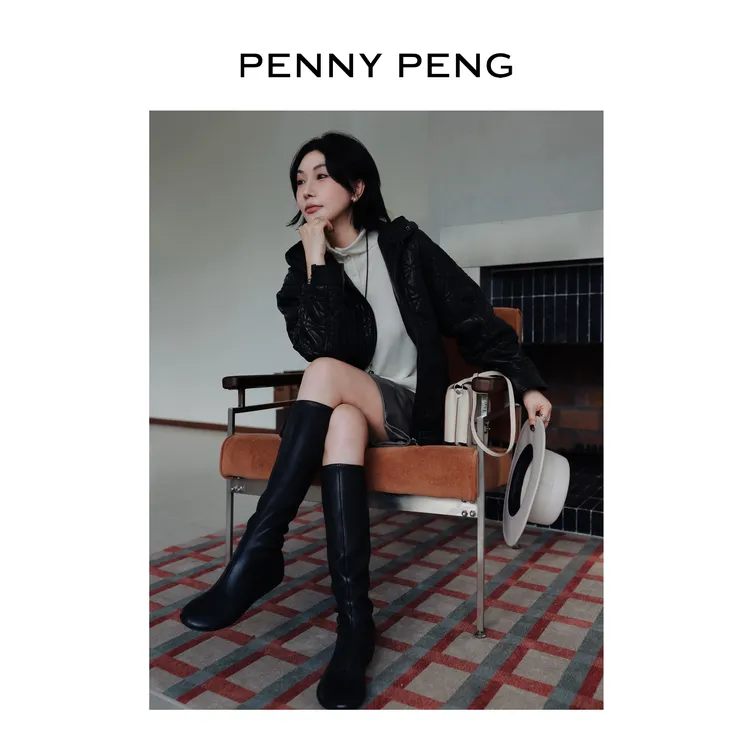 PENNYPENG弹力靴 黑标系列圆头高筒黑色百搭显瘦弹力平底皮靴长靴