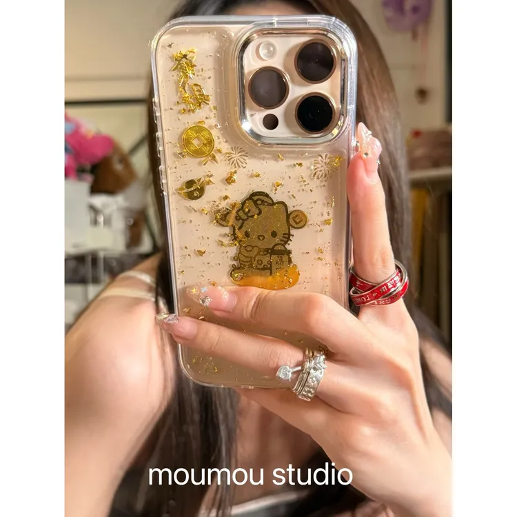 金灿灿金币招财猫咪滴胶透明适用于苹果16promax手机壳15保护套14