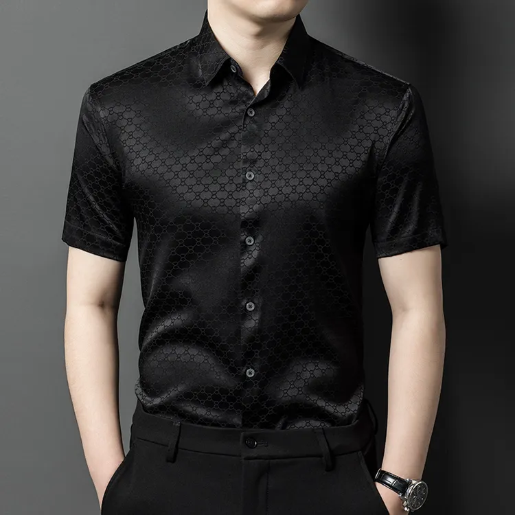 高端夏季新款男士92%桑蚕丝短袖衬衫商务休闲提花轻奢薄款衬衣男 
