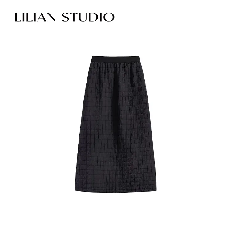 莉莉 Lilian 时髦绗缝夹棉格子半身裙24秋冬直筒后开叉中长裙女