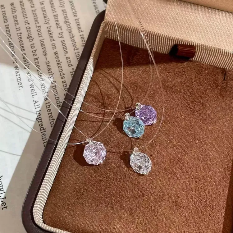 链子925银锆石 纯银玫瑰切单钻项链女小众爆闪隐形鱼线叠戴锁骨链