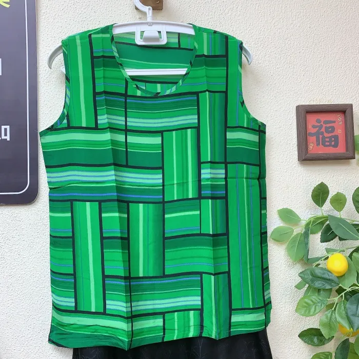 绿色双绉桑蚕丝格子背心 夏装背心