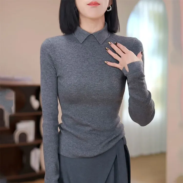 秋冬女灰色百搭针织衫高级感气质修身显瘦洋气减龄内搭打底衫上衣