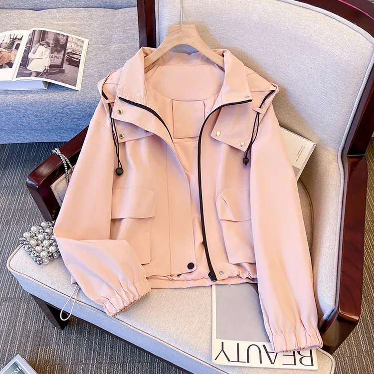 拉夏贝尔粉色工装冲锋衣女士秋季2025新款爆款独特漂亮夹克短外套