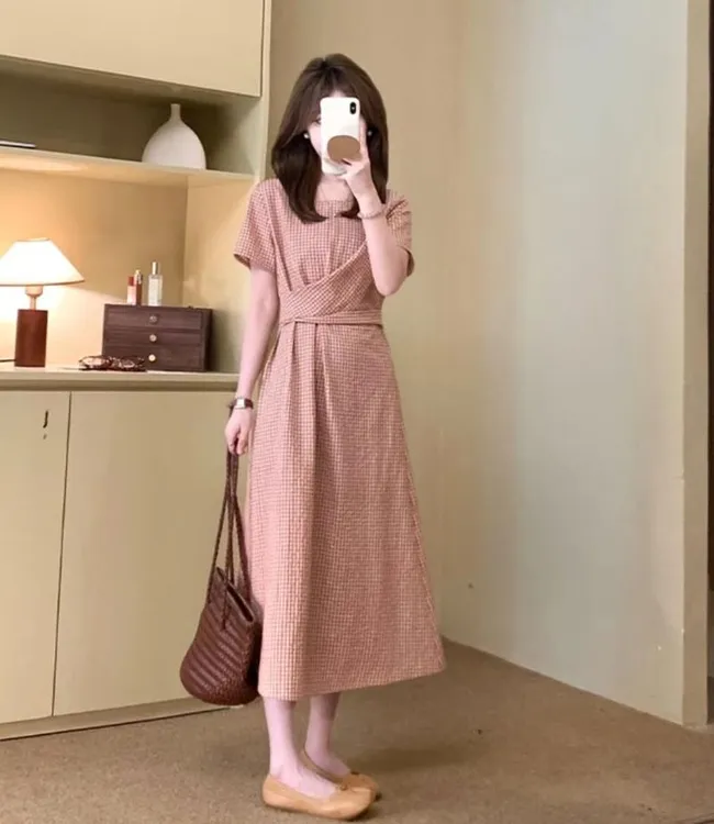 FUGUI小个子格子连衣裙短袖绑带知性温婉大方出游中休闲减龄长裙