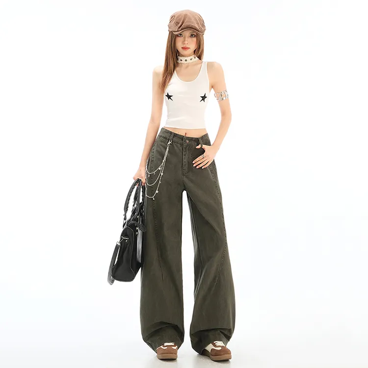 美式复古设计个性口袋牛仔裤直筒高腰宽松休闲拖地裤女