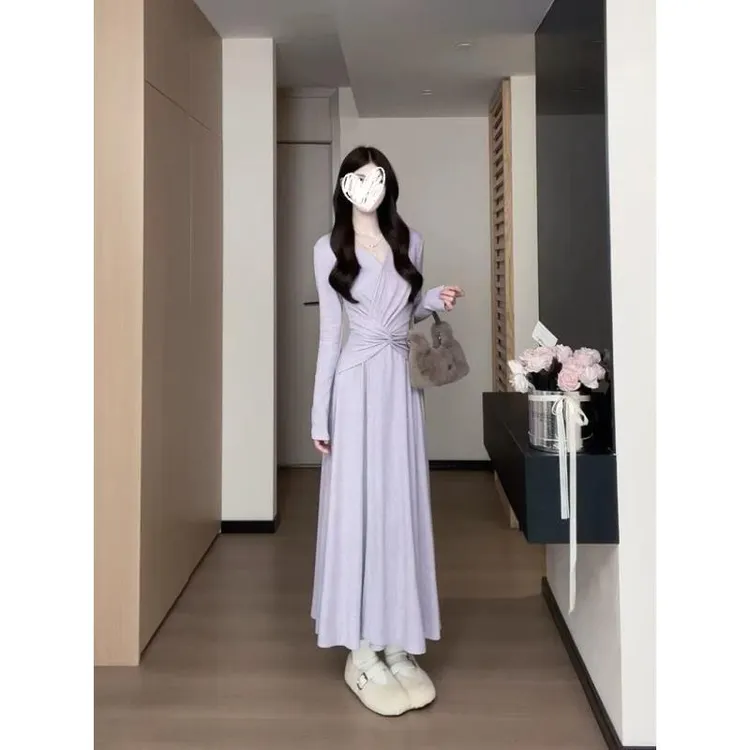 法式温柔风V领绑带收腰连衣裙女长裙小个子高级感气质裙