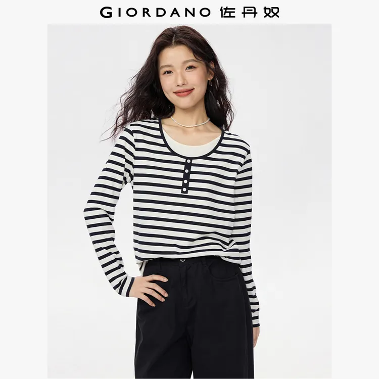 佐丹奴秋新款纯棉百搭假两件条纹圆领长袖T恤女装 05325793