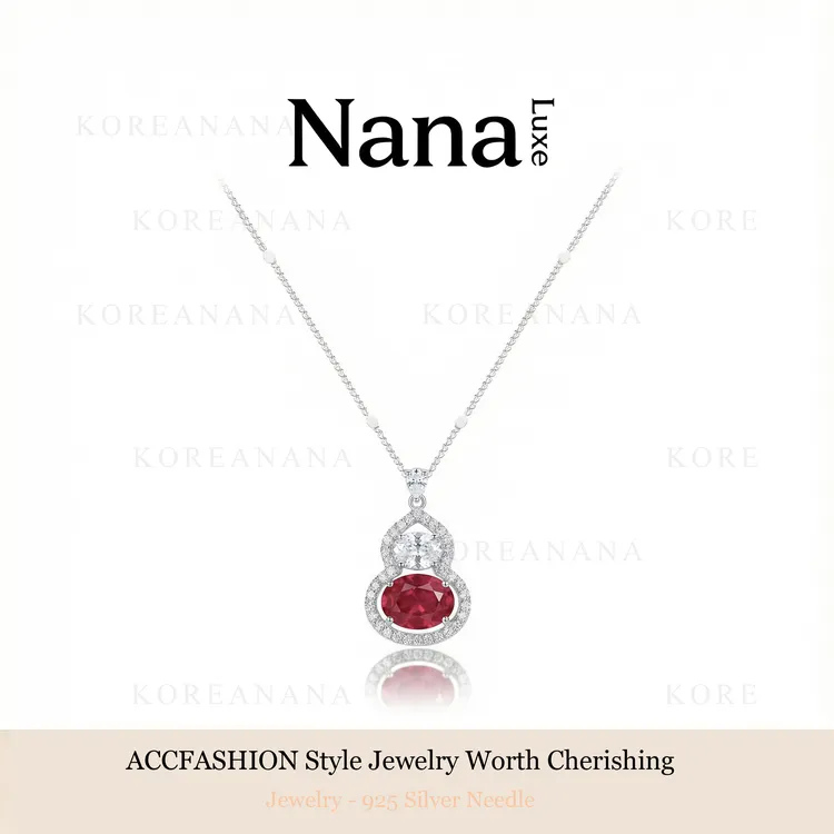 坠链均925银合成锆石 「红葫芦」冰花切版吉祥如意红色葫芦项链E088