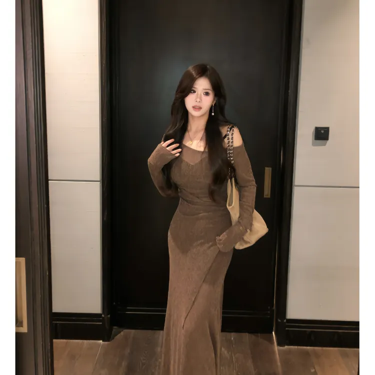 李潇洒【】微胖大码秋复古港风斜裁设计弹力网纱修身长裙