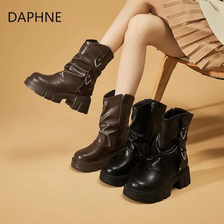 达芙妮厚底时装靴女2025秋季新款百搭中筒堆堆靴英伦风粗跟女鞋