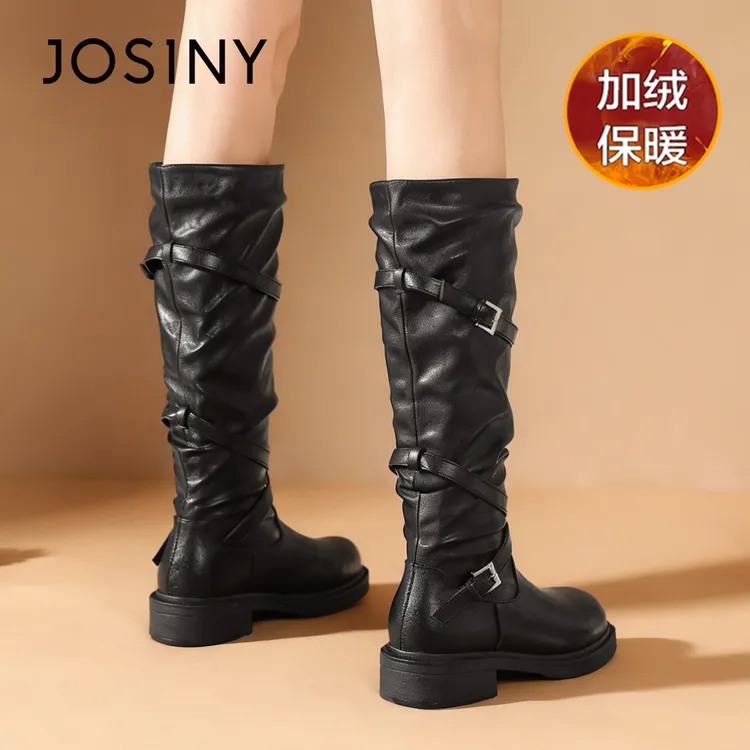 卓诗尼黑色皮面高筒骑士靴女冬季爆款不过膝长靴英伦风褶皱堆堆靴