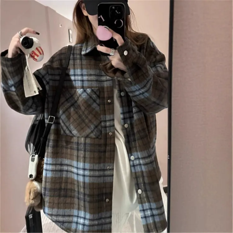 巨厚实！加厚蓝咖色系毛呢 外套格子衬衫上衣女宽松休闲男友风大衣