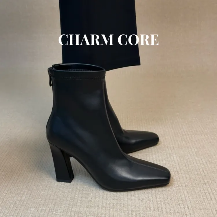CHARM CORE大码女鞋34-42跟高9cm方头短靴女粗跟弹力高跟瘦瘦靴子
