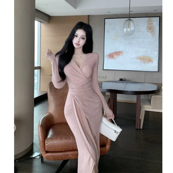 气质交叉v领长袖连衣裙女秋季御姐收腰修身裙子显瘦开叉包臀长裙