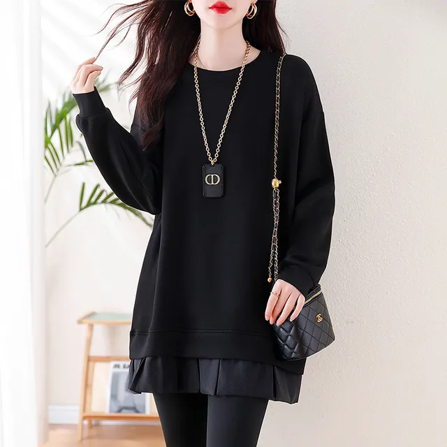 九月陌墨2025春秋新款拼接欧根纱荷叶边色中长款卫衣显瘦上衣女