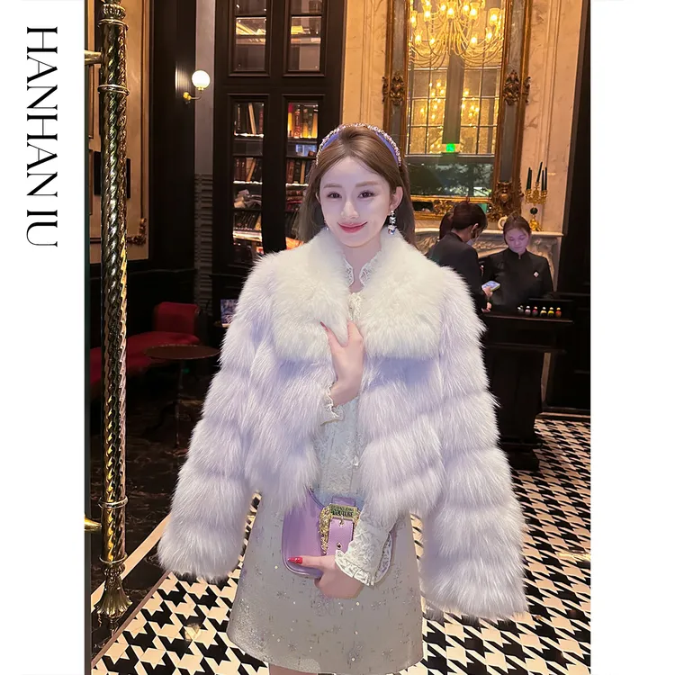 韩韩IU【灵狐小主】奢华感翻领狐狸毛拼接绵羊皮钩扣皮草外套