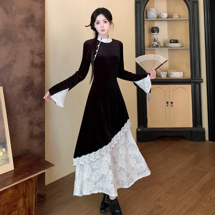 大码早秋时尚新中式改良版旗袍连衣裙胖MM设计感蕾丝拼接显瘦长裙