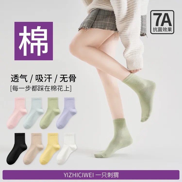 一只刺猬女士休闲精梳棉中筒袜四季款7A抗菌防臭中筒袜