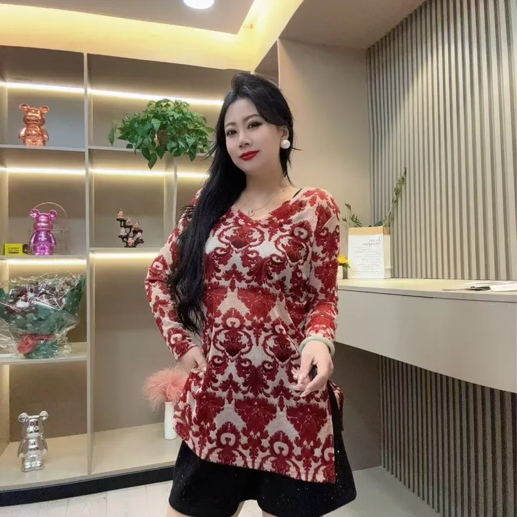 冬季上衣-双 7127潮流印花显瘦百搭中长款设计胖MM大码女装新款