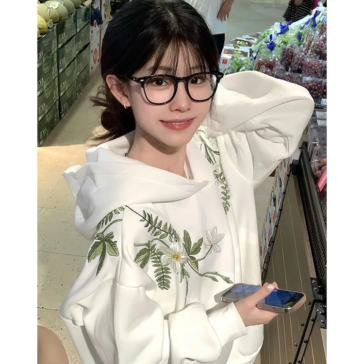 韩系小众别致花卉刺绣连帽卫衣女秋冬季加绒加厚宽松长袖外套上衣